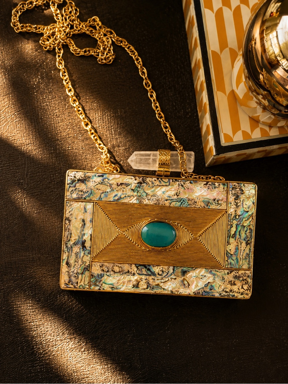 Gold Abalone Box Clutch with Teal Stone